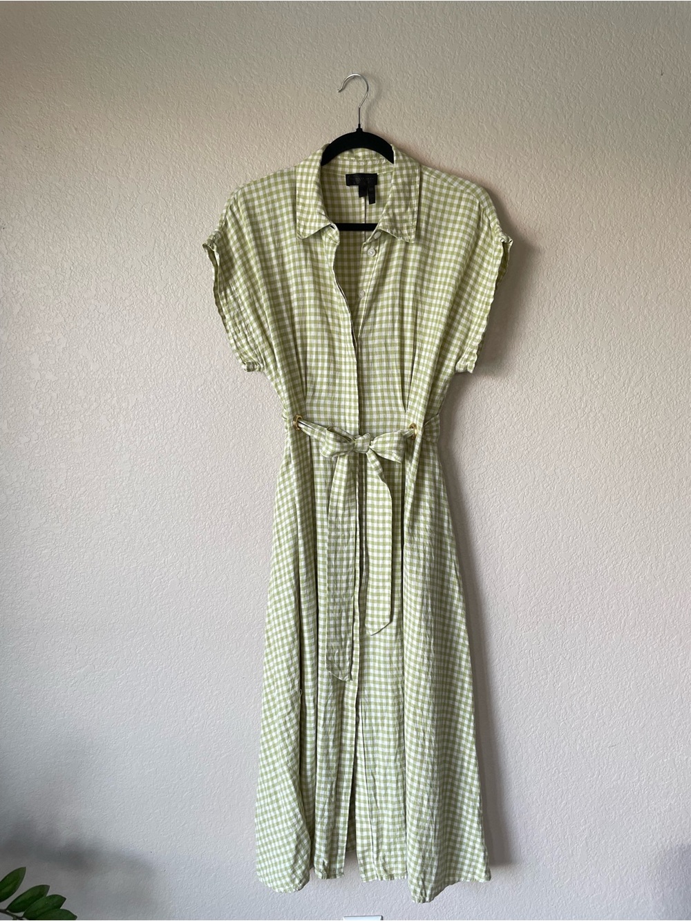 Donna Karan Green White Gingham Linen Blend Shirt Dress Size 10